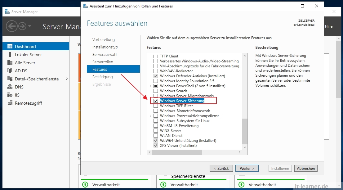 Installation der Windows Server Sicherung
