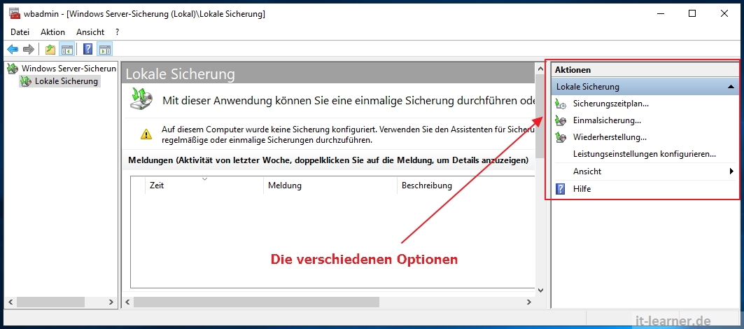 Die verschiedenen Optionen der Windows Server Sicherung