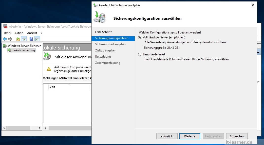 Auswahl der Sicherungskonfiguration - Vollständiger Server