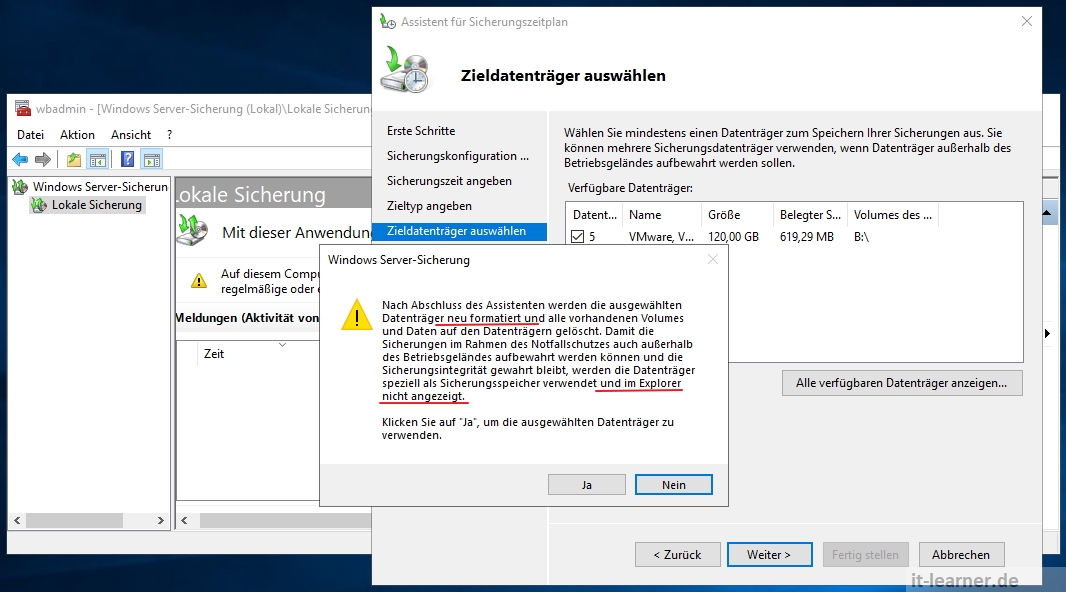 Festplatte steht exklusiv der Serversicherung zur Verfügung