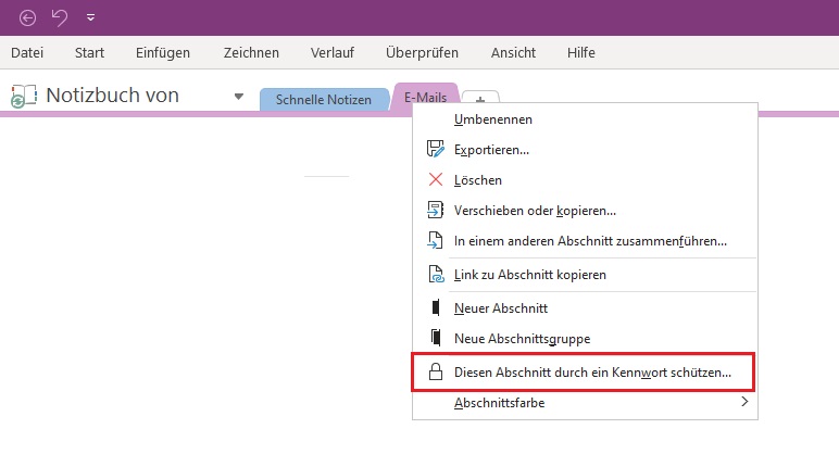 Ein Bild, das Screenshot enthält.
One Note Abschnitt mit Kennwort schützen