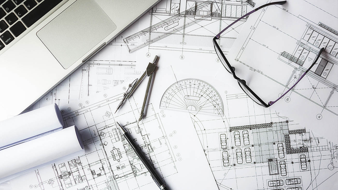 Image of engineering objects on workplace top view.Construction concept. Engineering tools.Vintage tone retro filter effect,soft focus(selective focus)